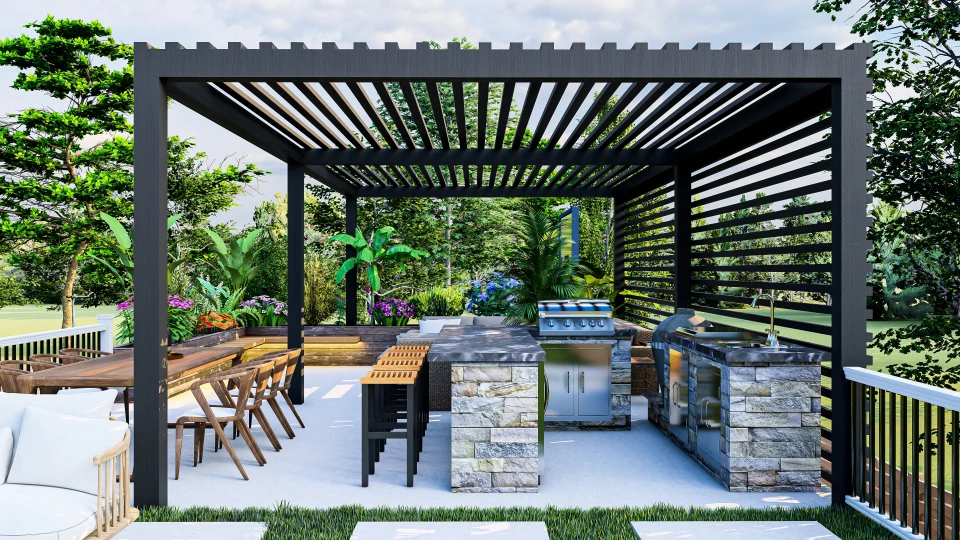Pergola en bois avec toit végétalisé dans jardin paysager
