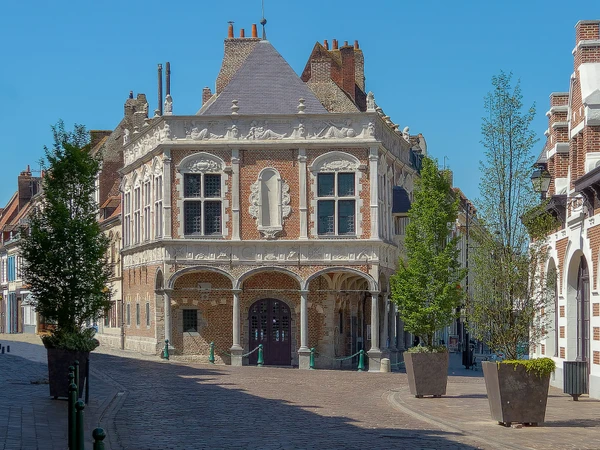 Paysage urbain et rural de la région des Hauts-de-France autour d'Aire-sur-la-Lys, montrant une maison résidentielle moderne avec un carport en métal gris anthracite ou une pergola métallique élégante en avant-plan, intégrée harmonieusement à l'architecture locale. L'image doit capturer l'essence de la région (architecture régionale, verdure locale) avec une qualité photographique professionnelle et lumineuse, sans texte visible.